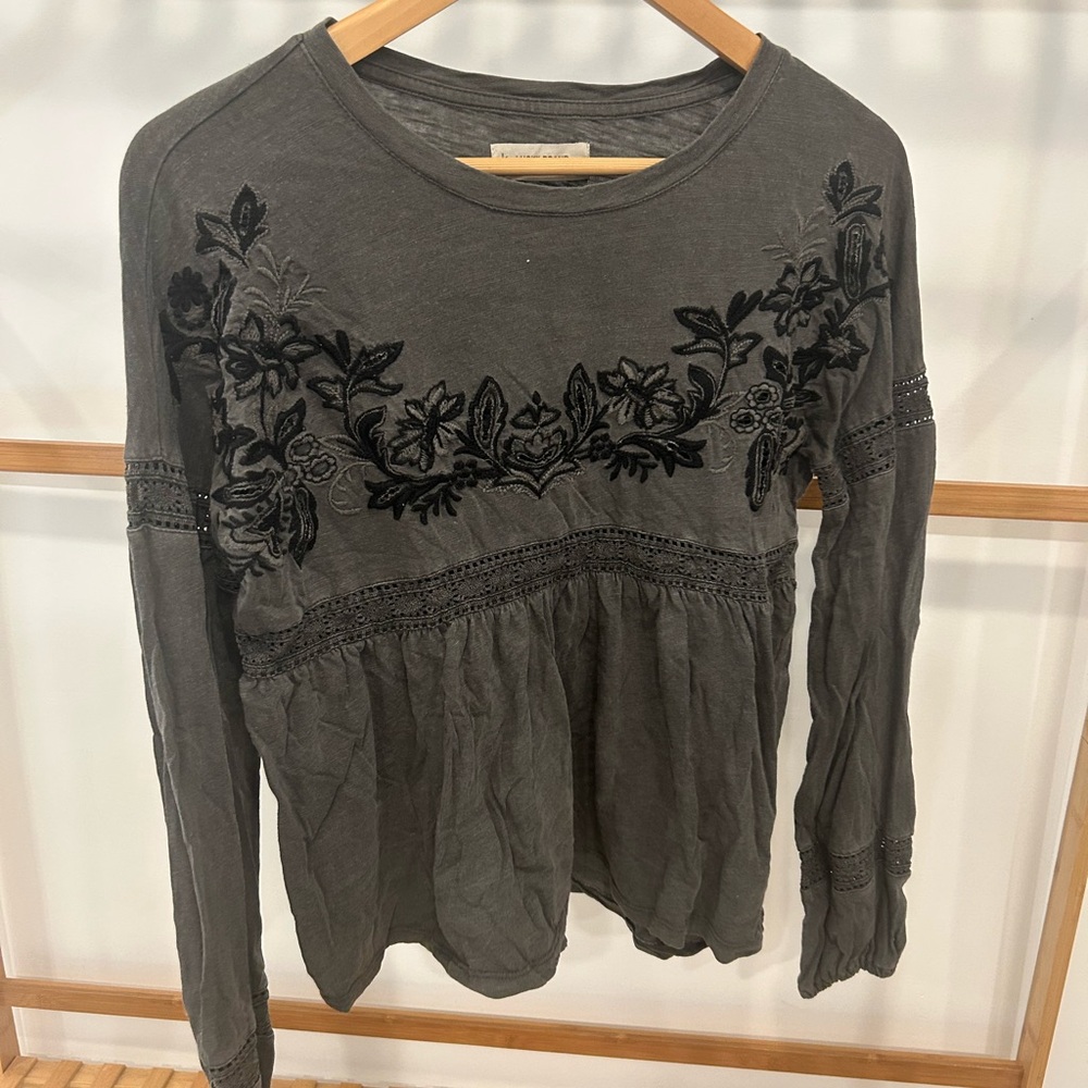 Lucky Brand Embellished Peplum Blouse Gray Long Sleeve